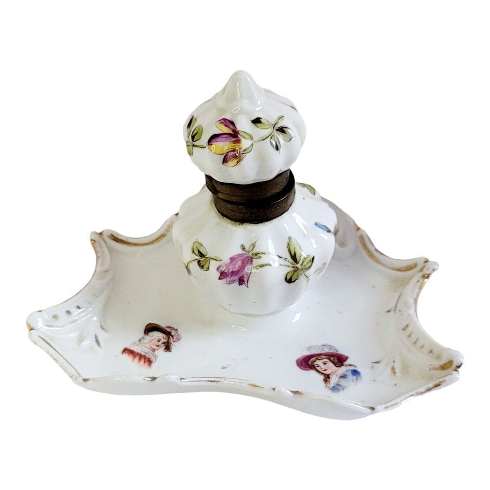 Vtg Hand Painted Porcelain Ink Well and‎ Dish 5" Wide 3 1/2" Tall Floral Design